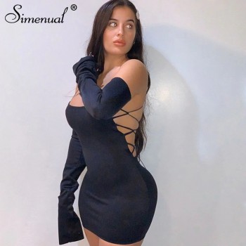 Simenual Bandage Backless Black Skinny Dresses Women Strap Hot Sexy Night Partywear Bodycon Solid Lace Up Mini Dress With Sleeve